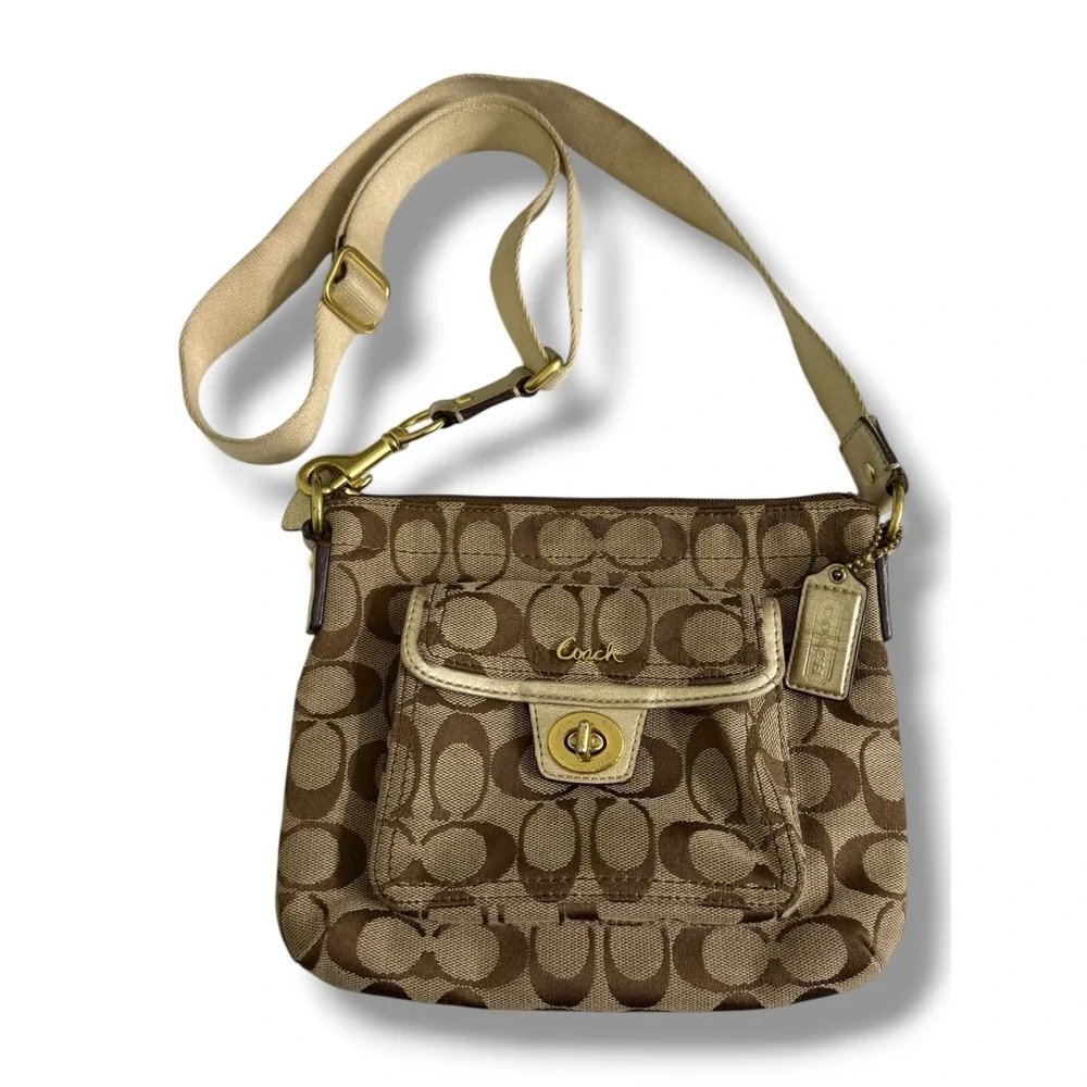 Coach Signature Canvas Crossbody Bag Brown Khaki Front Turnlock Pocket Gold Trim
